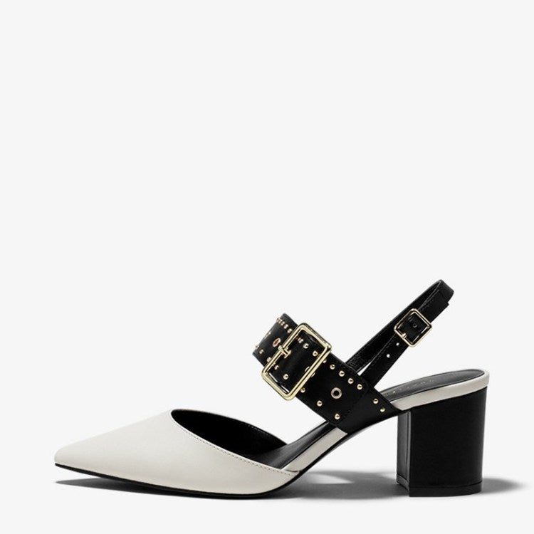 Thick-heeled Sandals With One-word Buckle Back Empty Willow Studs, Pointed Toe And Shallow Mid-heel Shoes