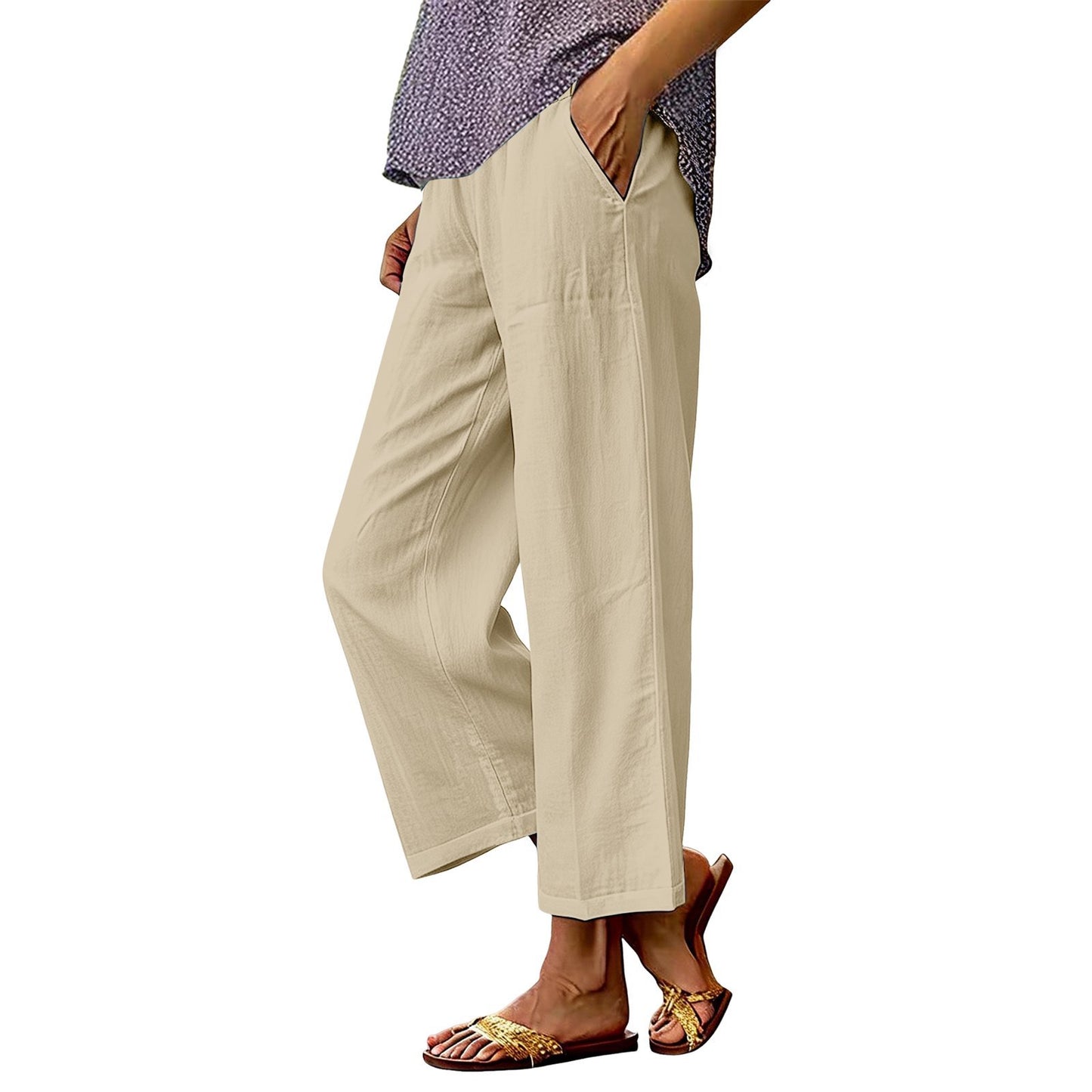 Womens Solid-Color Cotton-Linen Loose-Fit Wide-Leg Casual Pants