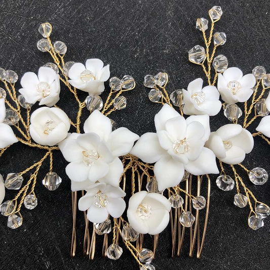 Crystal Ceramic Flower Bridal Crown Hair Comb