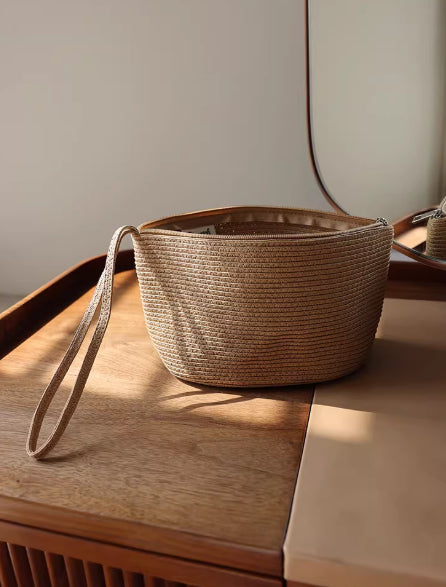 Portable Straw Cosmetic Bag Solid-Color Summer Woven Storage Pouch For Women