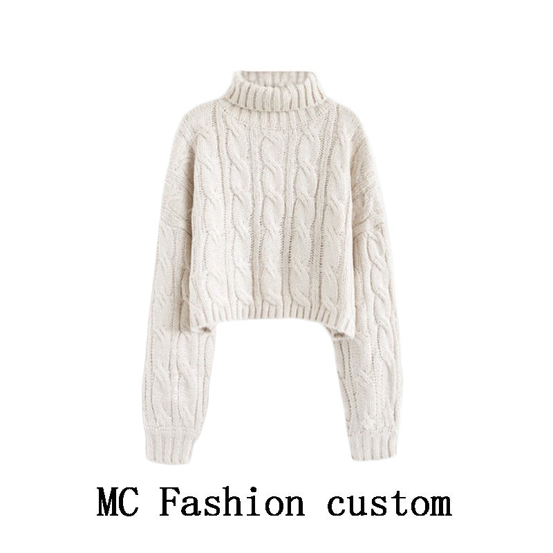 Turtleneck Pullover Short Cable-knit Sweater Women