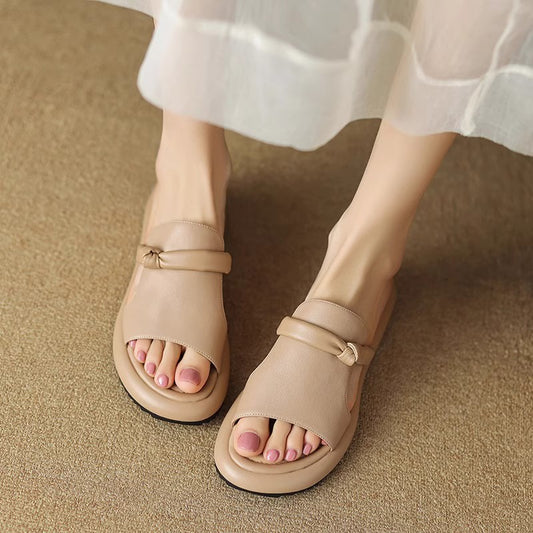 Soft Leather Open Toe Casual Slippers Women