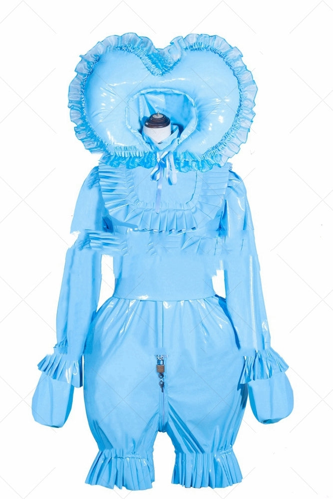 Sky Blue PVC Patent Leather Maid Cosplay Hooded Dress
