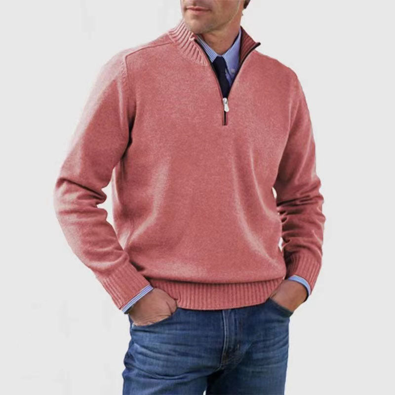 Sweater til mænd med lynlås og opretstående krave Vintermode Ensfarvet Strikket Langærmet Top Tøj