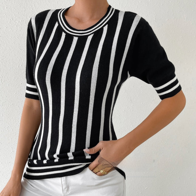SpringSummer New Womens Striped Short-Sleeve Fashion Top Knit Sweater