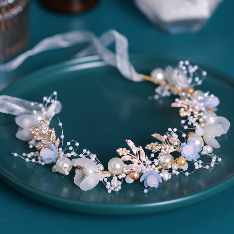 Multicolor Pearl Flower Headband Hand Braided Bridal Headband Tiara