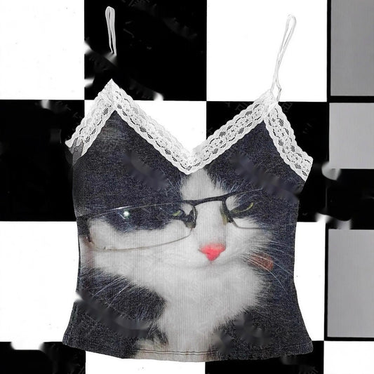 Casual Sassy Cropped V-neck Lace Patchwork Vest With A Cute Animal Print