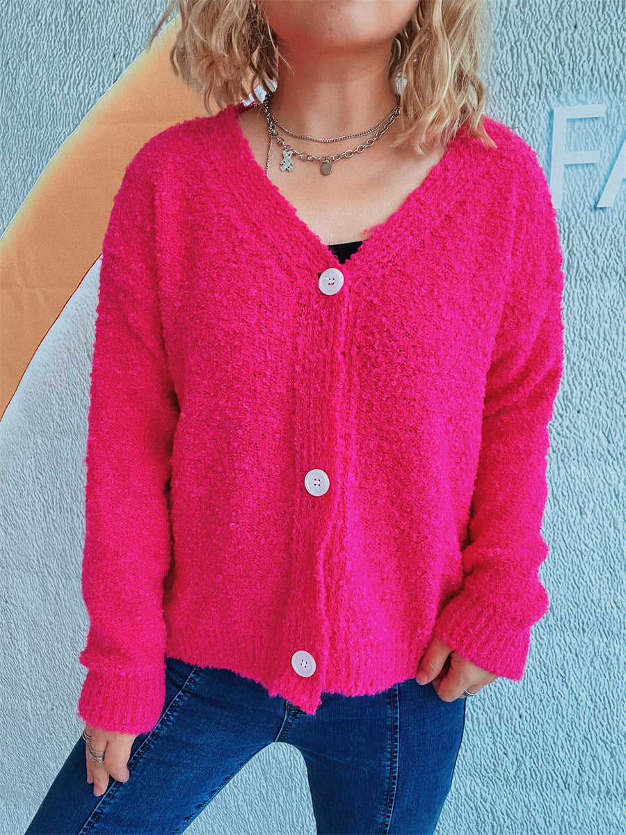 Solid Color And V-neck Single-breasted Long Sleeve Seersucker Knitted Cardigan Coat For Women