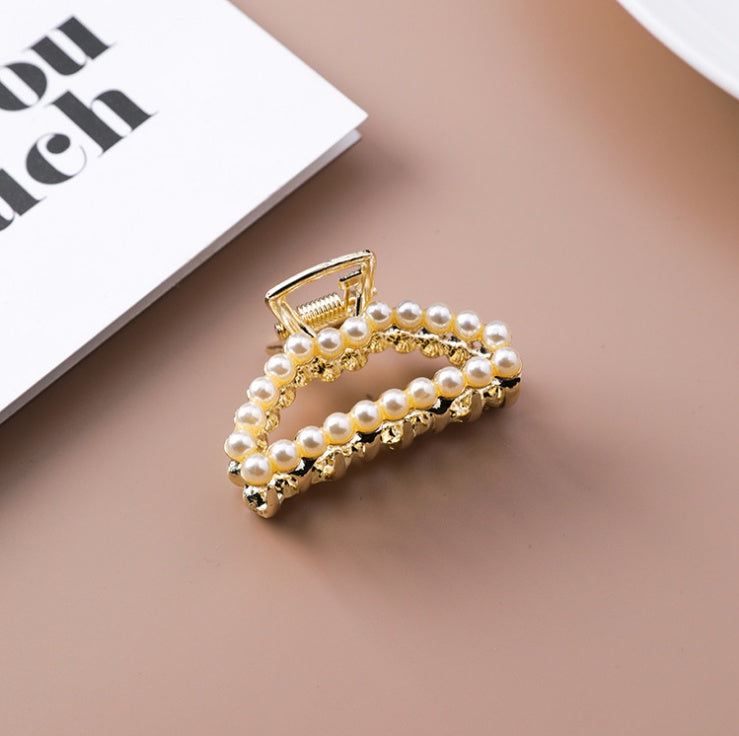 Geometric Square Love Curved Pearl Rhinestone Hair Clip