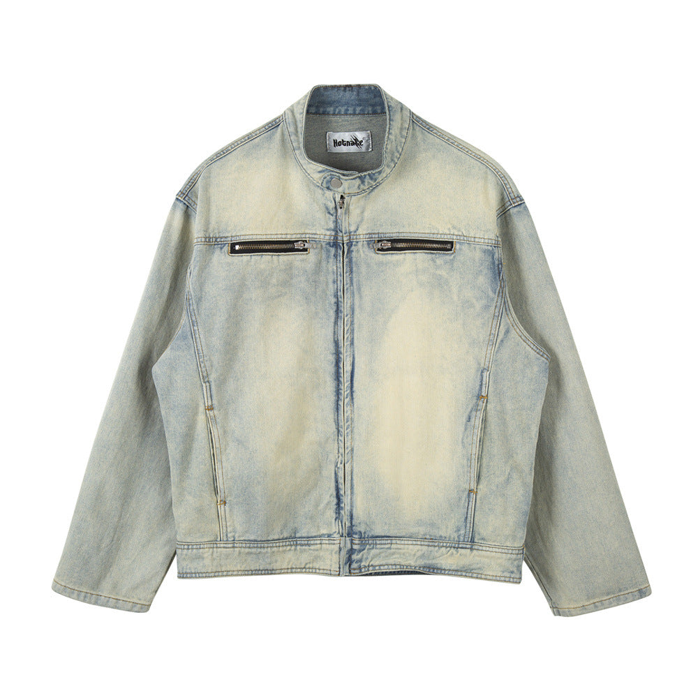 Men's High Street Fashion American Vintage Zipper Stand Collar Multi-pocket Jacket