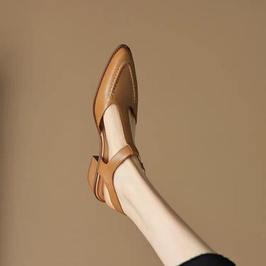Women's Soft Leather Pointed Sandals New Summer Closed Toe Chunky Heel