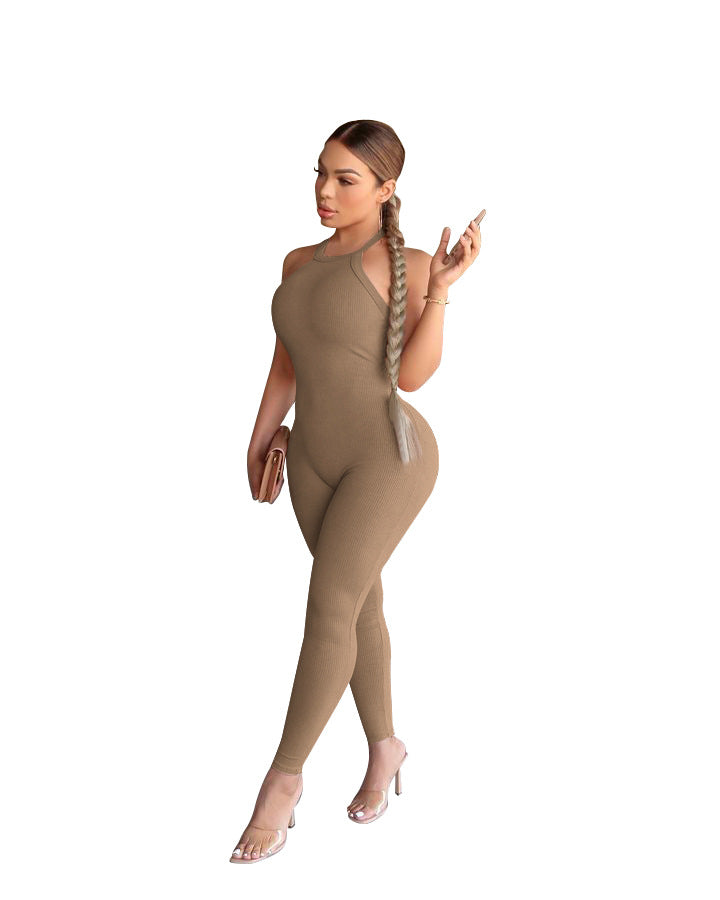 Women's Sling Pure Color Tight High Top Sports Jumpsuit