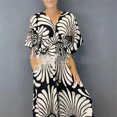 V-neck Printed High Waist Plus Size Women's Jumpsuit