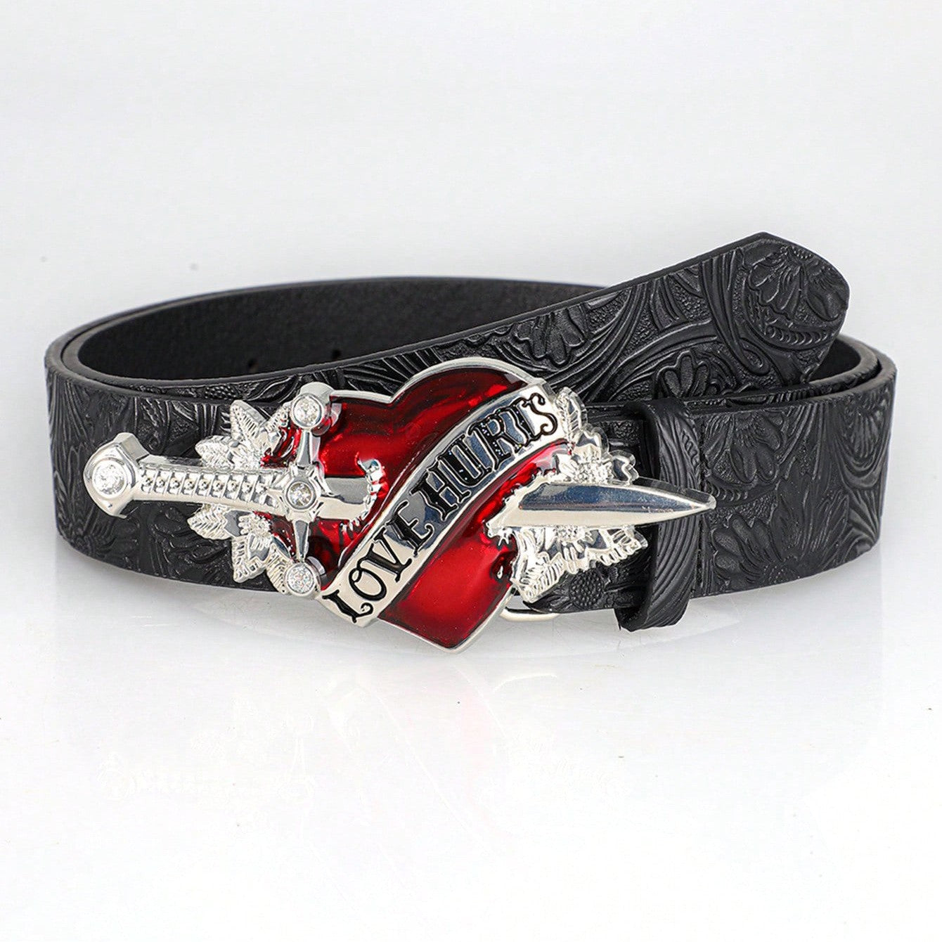 Punk-style Personalized Retro Embossed Heart-buckle A Versatile Edgy Goth Dark Leather Belt