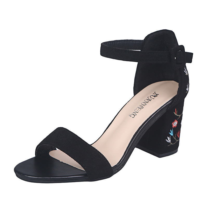 Suede buckle embroidered sandals