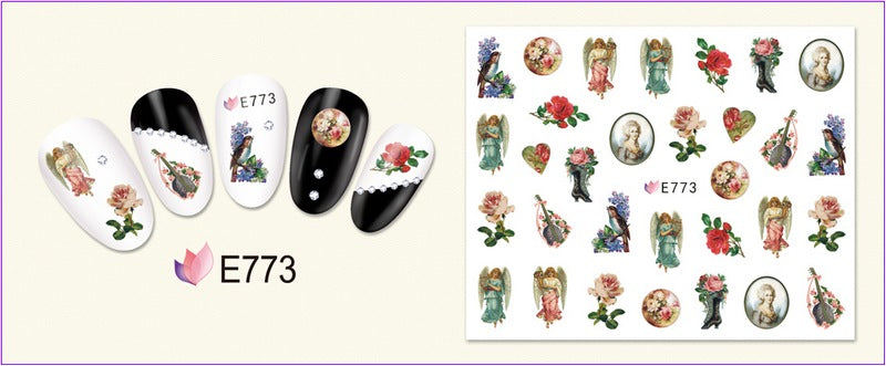 Download main imagesDownload description images11 paquets/LOT NAIL ART 3D SIMULATION dos adhésif ongle autocollant dieu père ange bébé ROSE fleur E765-775