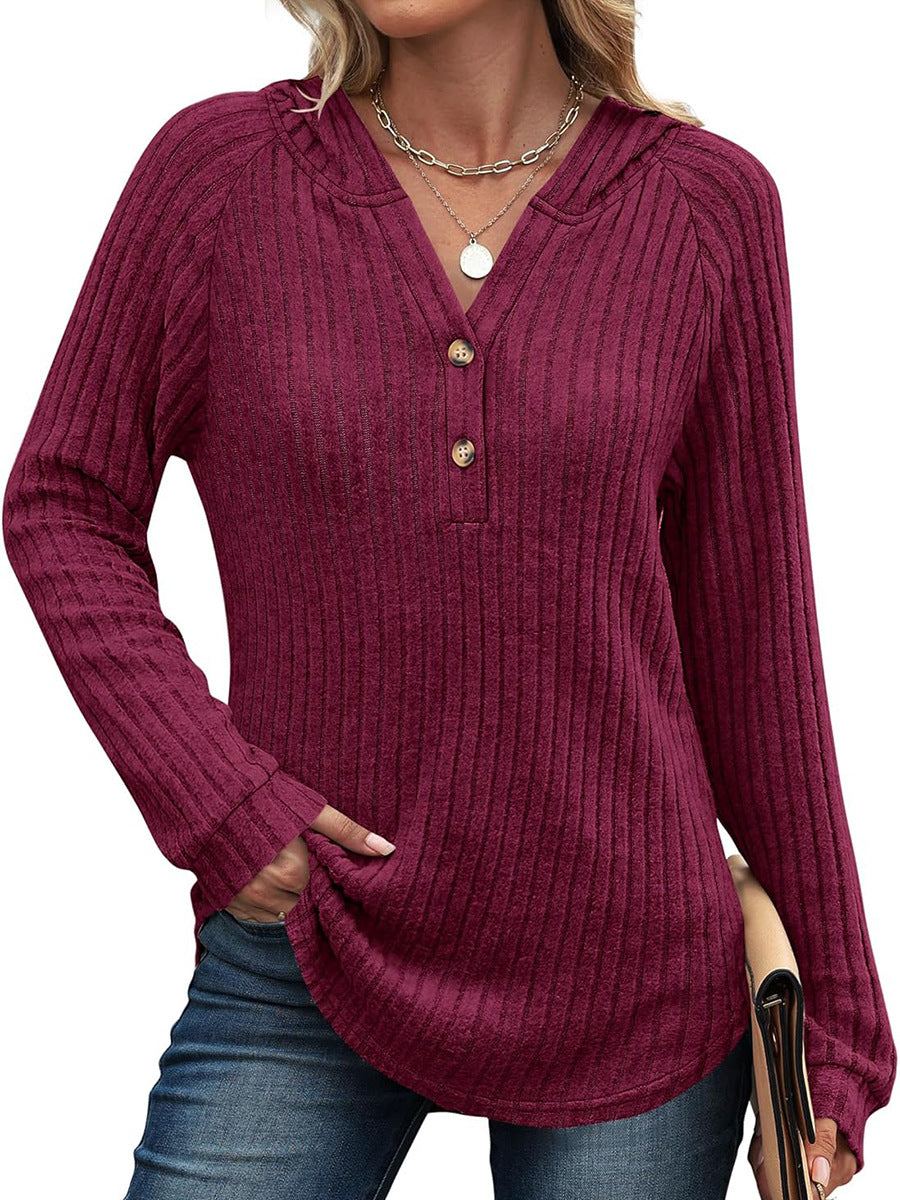 Solid Color And V-neck Button Loose Hooded Fleece Knitted Top