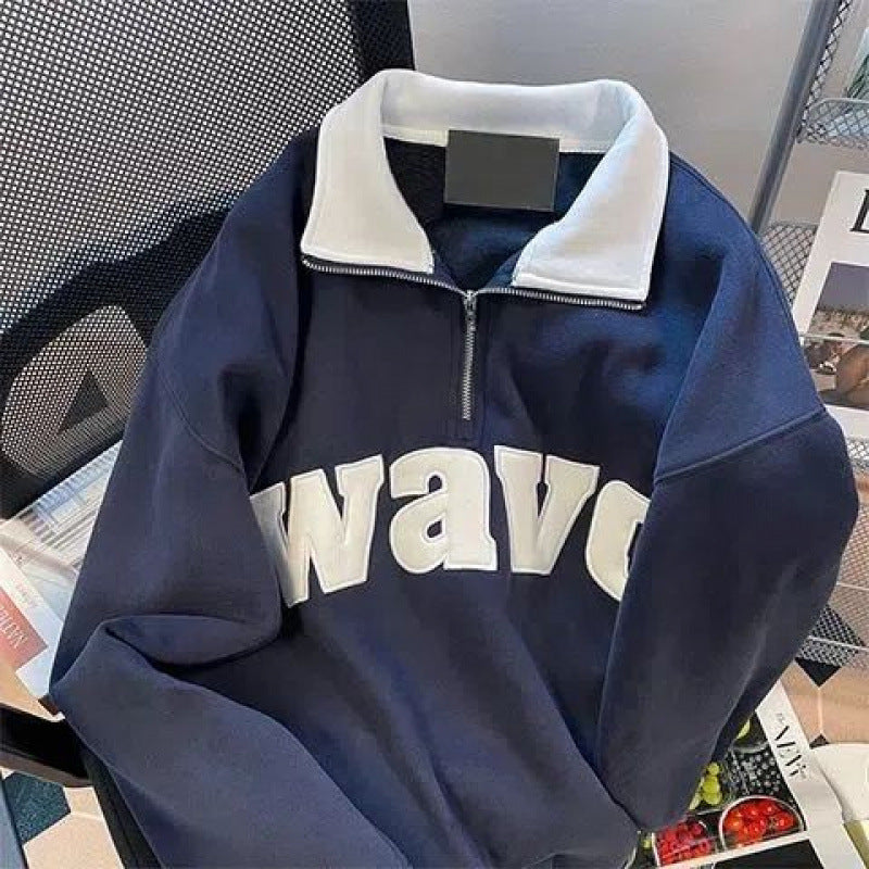 Amerikansk Retro Revers Halv Lynlås Sweater