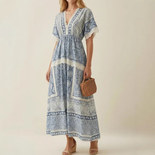 Chic V-neck Printed Waist-Cinching Short-Sleeve Womens Dress