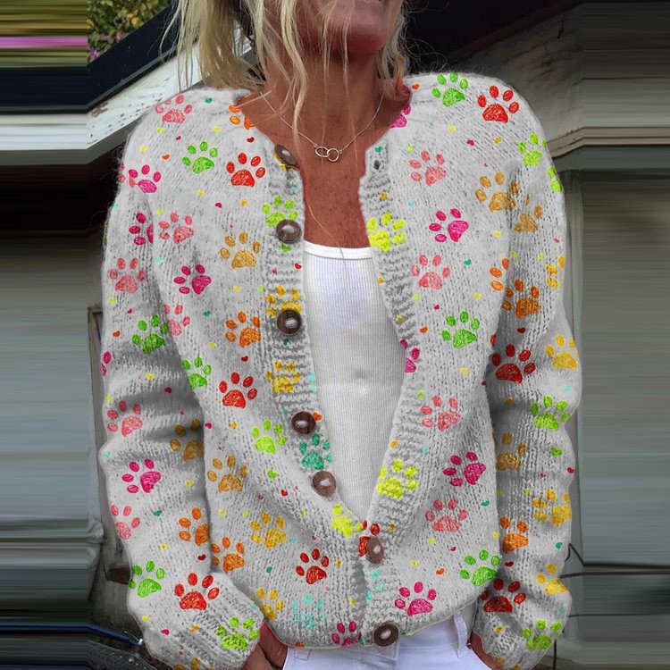 Striped Knitted Digital Print Floral Cardigan Halterneck Sweater Single-Breasted Long-Sleeve Loose-Fit