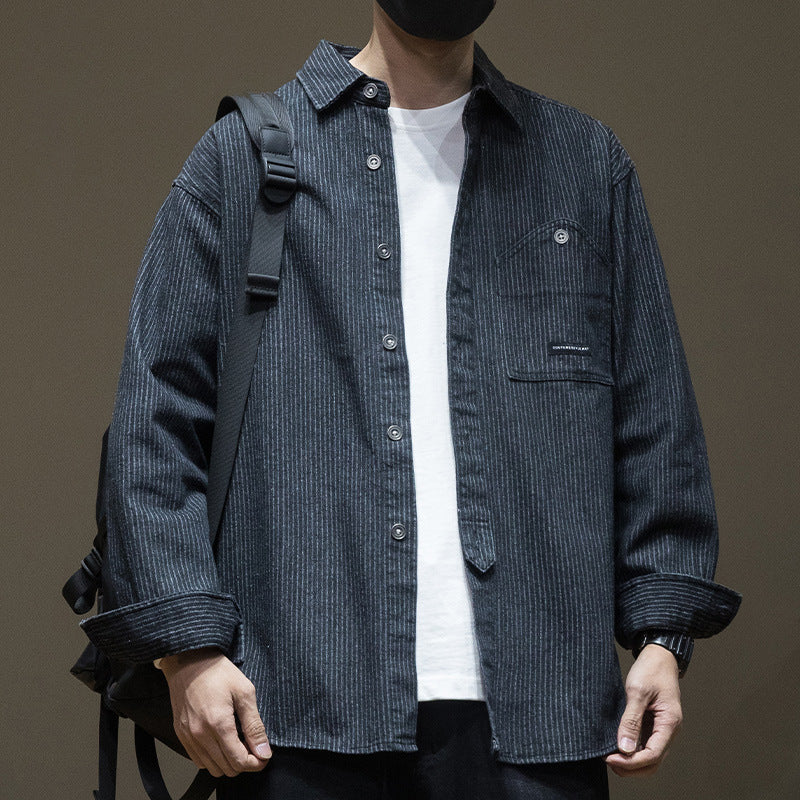 Japanese Style Stripe Denim Men's Long Sleeve Shirt