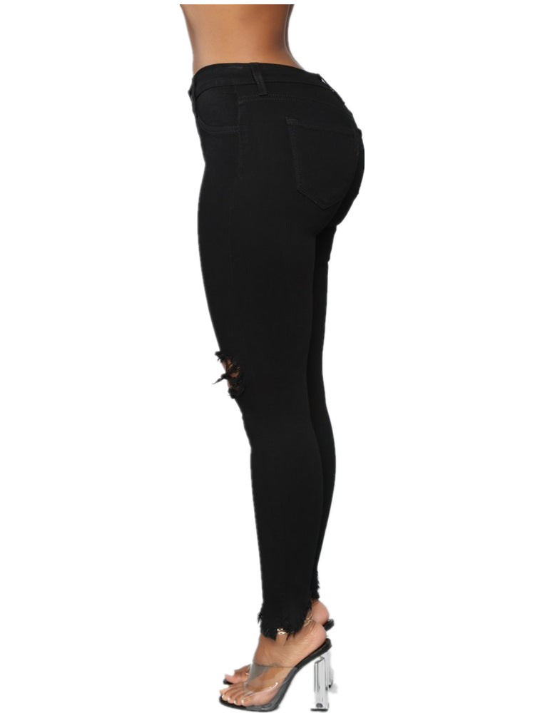 ripped solid denim long pants