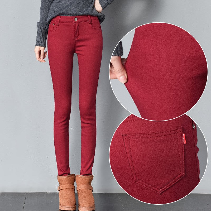 Thick pencil outer wear denim and long plus velvet boots