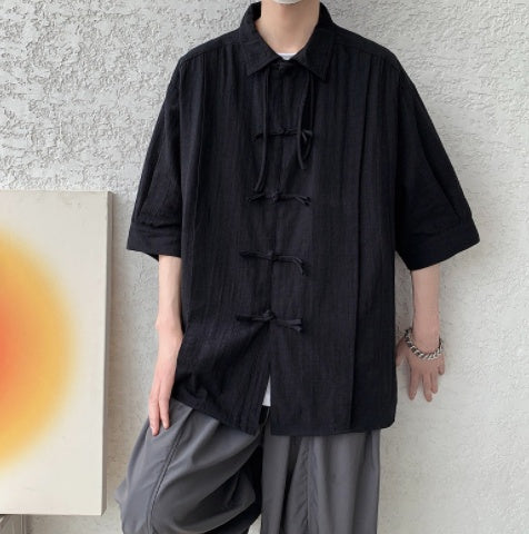 Boys' Cotton Linen Loose Button Diagonal Collar Long Sleeved Shirt Jacket