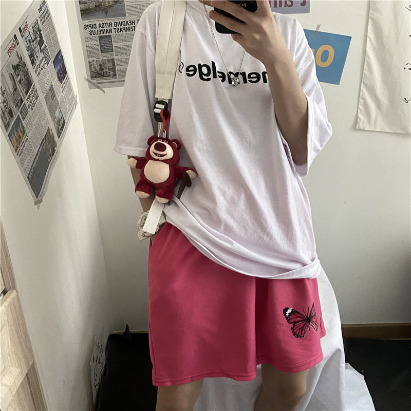 Rose red butterfly casual five-point track pants