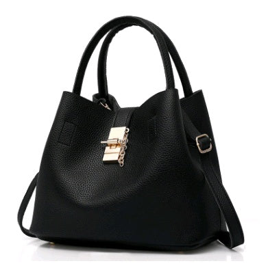 Women's bag shoulder bag thickening lychee pattern PU portable bucket bag women's mother Europe and America thick shoulder Messenger bag