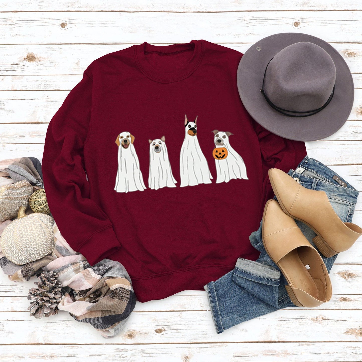 Halloween Ghost Puppy Printed Round Neck Long Sleeve Sweater