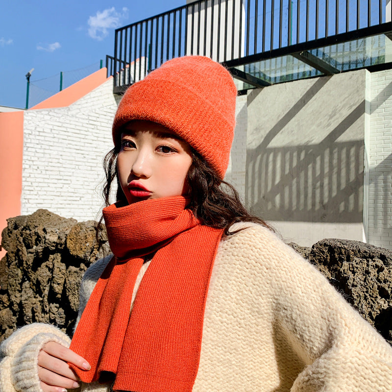 Rabbit fur thick warm woolen hat and scarf set