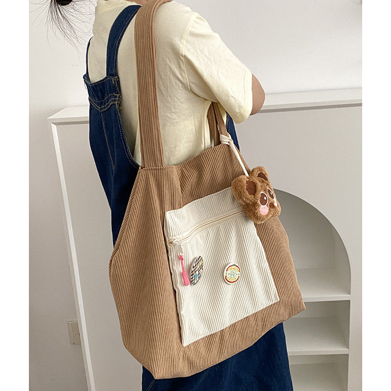 Corduroy Contrast Color Large Capacity Casual Shoulder Bag