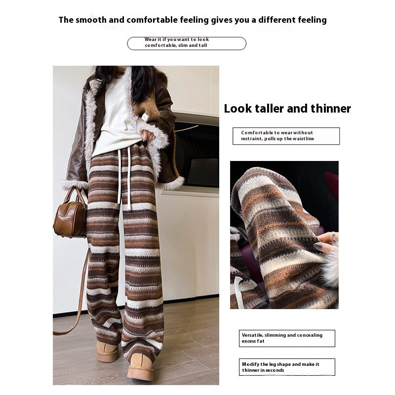 Woolen Striped Women's Wide-leg Pants Fallwinter Comfortable Retro