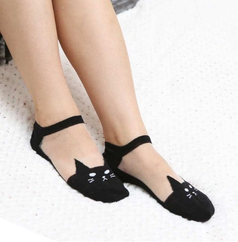 Ladies summer socks, invisible short socks, cotton bottom anti slip cartoon kitten transparent glass stockings wholesale