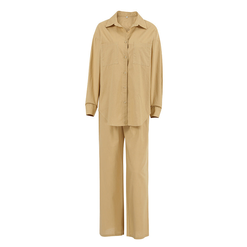 Cross-border Casual Khaki Cotton-linen Set Autumn Foreign Trade Shirt Wide-leg Pants Two-piece Street Style Women's Clothing