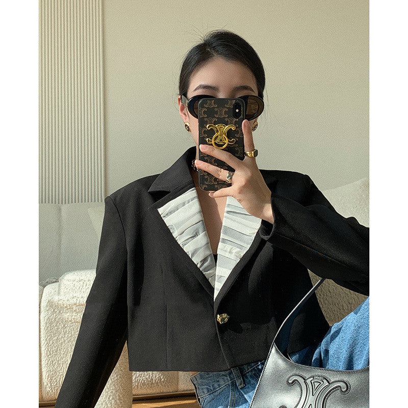 Women's French Patchwork Gold Button Shoulder Pad Blazer