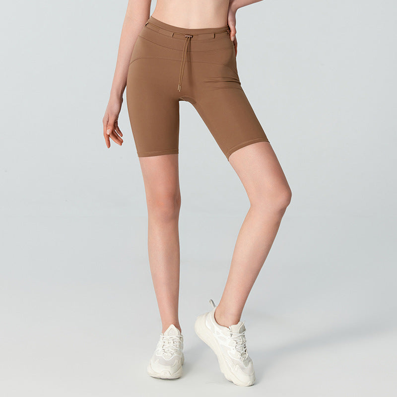 Kvinders Højtaljede Hofteløft Tætsiddende Yoga Shorts med Snøre
