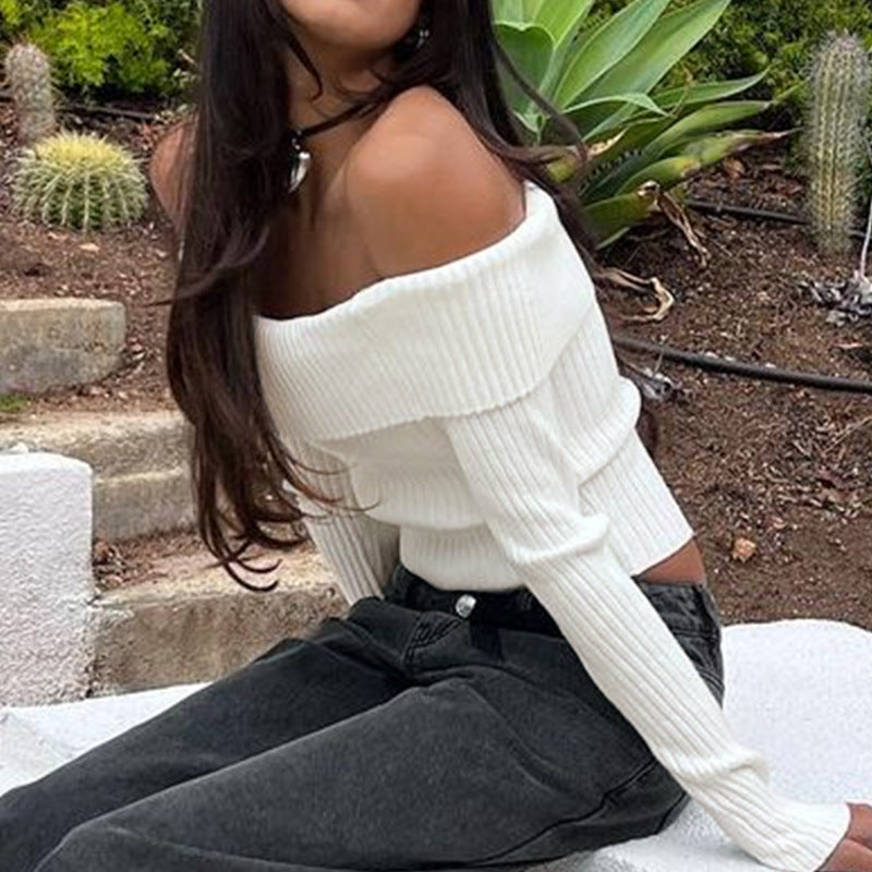 European And American Fashion Short Knitwear Long Sleeve Off-the-shoulder Off-the-neck Pullover Sweater