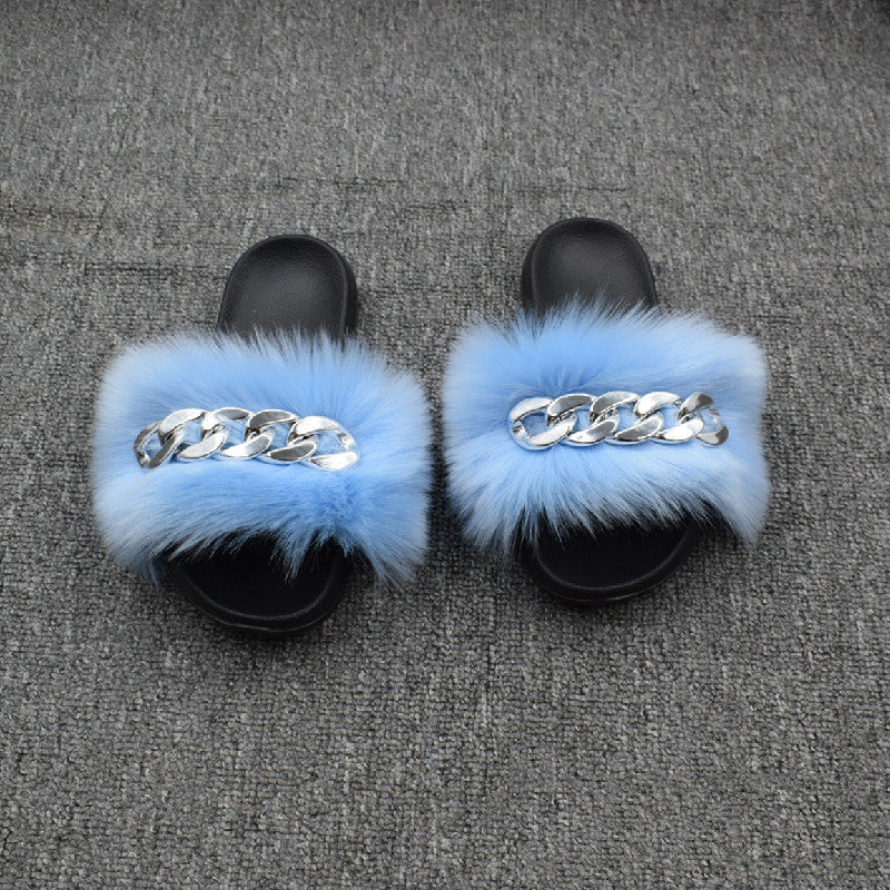 Fur Fur Slippers Chain Faux Fur Flip Flops