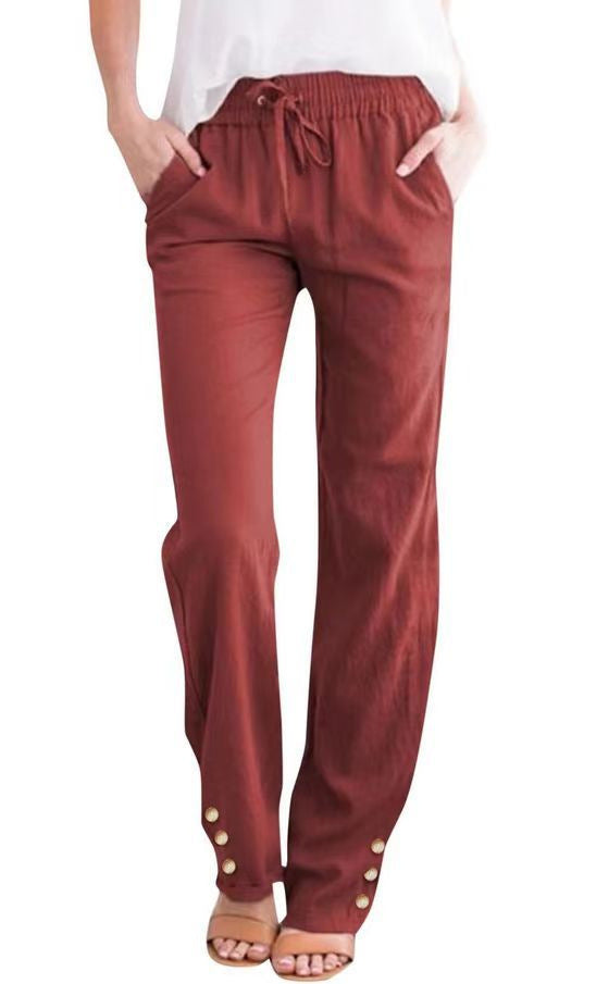 Solid Color Cotton And Linen Loose Drawstring Button Casual Wide-leg Trousers