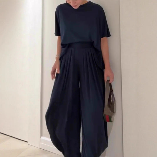 Solid Color Casual Loose Round Neck Wide Leg Pants Women's Suit