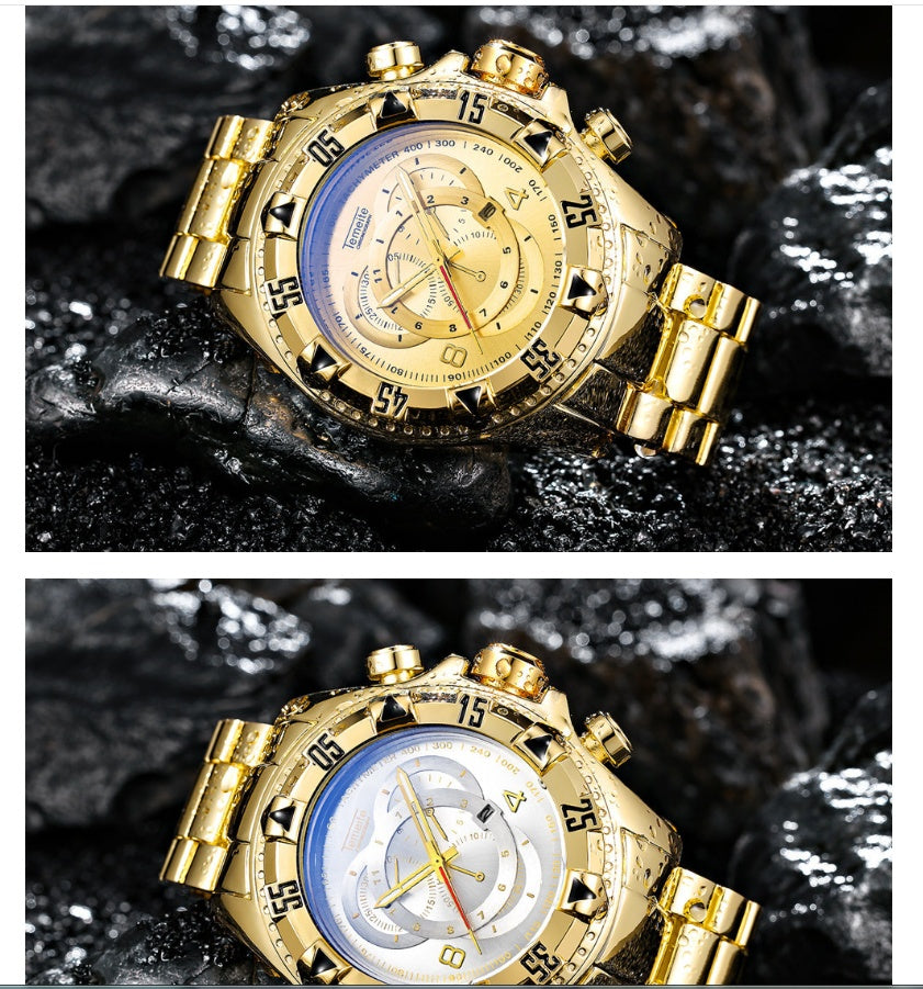 Explosion models watch men's fake three-eye luminous large dial steel belt sports men's watch