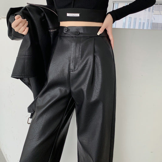 PU Washed Leather Pants Casual Straight Small