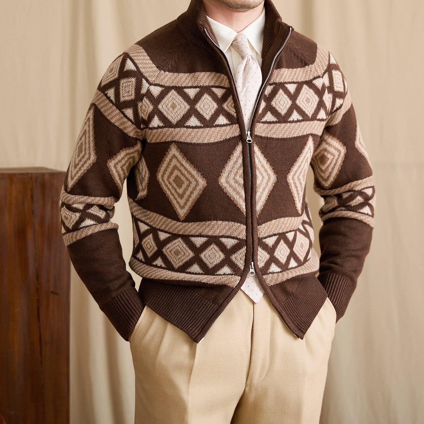 Jacquard Sweater Stand Collar Coat