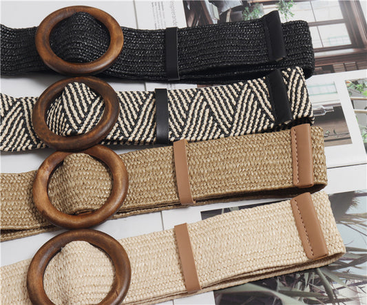 Woven round buckle belt with bohemian wax rope