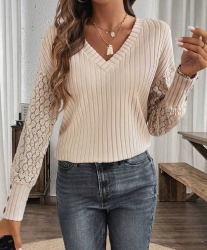 V-neck Pullover Loose-fitting Long Sleeves Sweater