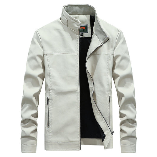 Stand-up collar solid color large size leather men's jacket