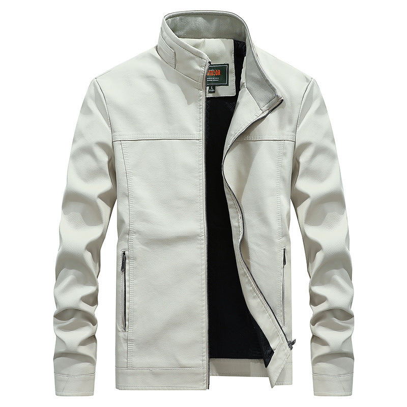 Stand-up collar solid color large size leather men's jacket