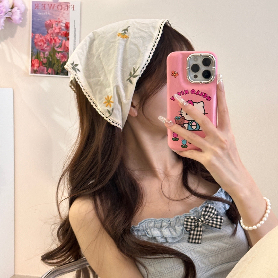 Irregular Embroidery Bellis Perennis Sweet Cotton And Linen Niche Female Hair Band Headscarf